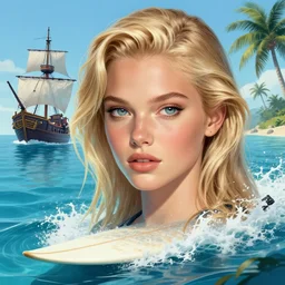 a portrait of a beautiful blonde girl with beautiful eyes and a detailed face surfing on a surf board in a magical blue lagoon, pirate ships, clear water, palm trees, digital illustration, art by greg rutkowski, intricate, elegant, smooth, amazing detail, concept art, sharp focus, cinematic lighting