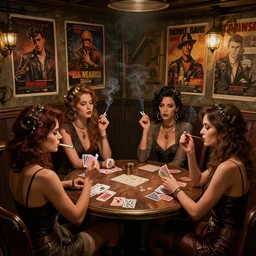 women in the interior of a steampunk pub, Greg Rutkowski, Milo Manara, night time, smoking cigarettes, playing card games, highly detailed, Quentin Tarantino movie posters, pulp fiction, level design, concept art, artstation, cgsociety, zenith view