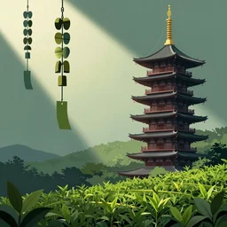 pagoda, wind chimes, green tea, vector art