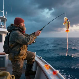 gizmo goes deep sea fishing in a sportfisherman boat. gizmo is fishing for swedish fish candy by using gummi worm candy as bait. photorealistic digital art, epic fantasy, dramatic lighting, cinematic, extremely high detail, cinematic lighting, trending, artstation, cgsociety, 3 d ue 5, 4 k, hq