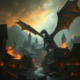 a painting of a cinematic keyframe of a a dragon standing in a destroyed medieval town, with fire by greg rutkowski, rule of thirds, golden ratio, ambient lighting, wlop, artgerm, artstation, highly detailed masterpiece, dark fantasy art, high detail, trending on artstation
