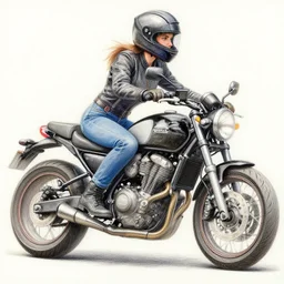 a closeup photorealistic colored pencil sketch of Jane Seymour riding a motorcycle in Hollywood during sundown. Palm trees in the background. This 4K HD image is Trending on Artstation, featured on Behance, well-rendered, extra crisp, features intricate detail and the style of Unreal Engine.