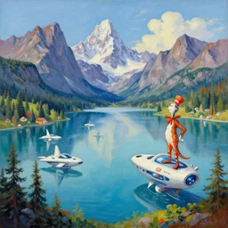 a mountain lake landscape with floating futuristic starships in the style of Dr. Seuss, luxury, painting by Raphael Lacoste