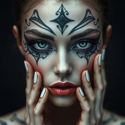 portrait of beautiful female model, perfect symmetrical pose, sharp, by irakli nadar with intricate detailed makeup candy makeupartist, haunting, elite, elegant, ruan jia, dark, hyper detailed, concept art, by gustav klimt