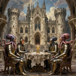 mages with human bodies and magical armour with octopus heads sitting near the table in an ancient mage castle with enormous scale, gothic and baroque, brutalist architecture, ultradetailed, Intricate by Josan Gonzalez and John Howe and Giuseppe Arcimboldo