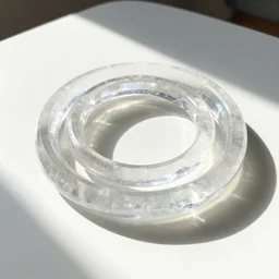 a sculpture of three concentric rings made of clear crystal casting caustics on a white table morning light