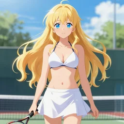 a very beautiful young anime tennis girl, full body, long wavy blond hair, sky blue eyes, full round face,, bikini, miniskirt, front view, mid - shot, highly detailed, cinematic wallpaper by stanley artgerm lau