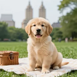 picnic with golden retriever puppy in central park