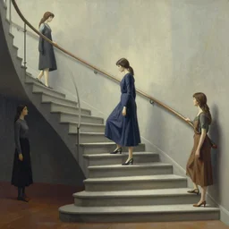 full view, from a distance, of marcel duchamp as a woman descending a staircase, style of yoshii chie and hikari shimoda and martine johanna, highly detailed