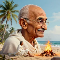 gandhi at the beach sitting on the sand next to a campfire with palm trees in the back, big head art, 3 d close up profile portrait, beautiful intricately detailed, artwork by tooth wu and wlop and beeple and greg rutkowski, ilya kuvshinov katsuhiro villeneuve, jeremy lipkin and michael garmash and rob rey, by tristan eaton, stanley artgermm, tom bagshaw, carne griffiths