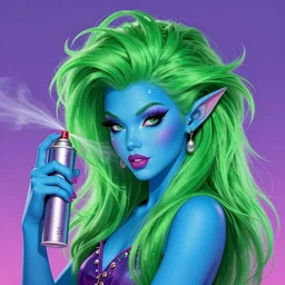 Glam hair, 80s hair, Elf girl with blue skin, alien skin, blue elf, blue, blue-skinned elf, green hair, hairspray, big hair, wild hair, glam make-up, 80s, illustration, fantasy art, trending on ArtStation, 1980s fantasy art