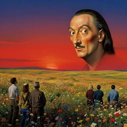people look out over fields full of flowers, over them a cloudless sky, a scarlet sunset, high detailed, art by salvador dali, masterpiece, deep colours
