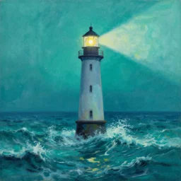 a beautiful painting of a singular lighthouse, shining its light across a tumultuous sea of teal and aqua blood by greg rutkowski and thomas kinkade, trending on artstation.