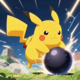 a giant bomb falls on a giant pikachu, electricity shoots out