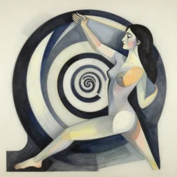 woman plays with the perfect spiral strengthening the essence of life, abstract art in the style of cubism and georgia o keefe