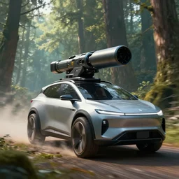 futuristic suv designed by apple with a railgun on top driving through forest, artgerm and greg rutkowski and alphonse mucha, epic fantasy sci - fi volumetric light, detailed, unreal engine digital art, an epic fantasy, trending on art station, octane render,