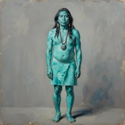 high quality high detail painting by lucian freud and jenny saville, hd, full body of a indigenous tribe leader, turquoise color, photorealistic lighting