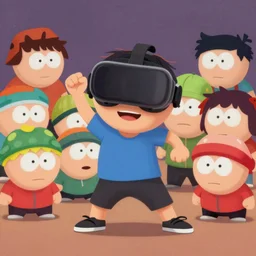 a highly detailed painting of a boy in the virtual reality of southpark, he does a lot of mischief and dances with the other members of the series