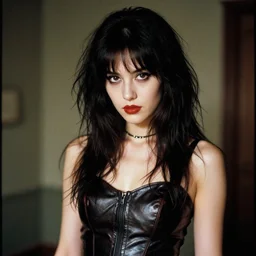 a long shot photograph of a young woman in leather dress, 9 0 s goth, dof, sharp focus, highly detailed face, cinestill 8 0 0 t, photography by paolo roversi