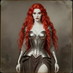 daguerreotype of beautiful soreceress, skintight robes, corset, armor, white skin, red wild hair, high fantasy, dnd, highly detailed, smooth, sharp focus, illustration, by rossdraws, sakimichan, frank franzzeta, colorful