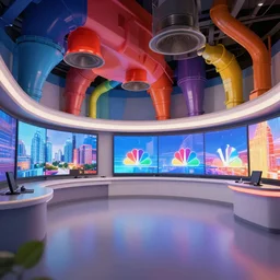 colorful nbc newsroom, industrial arches, colorful vents and ducts, curved walls, large hd monitors, octane render, unreal engine 5, ray tracing, depth of field