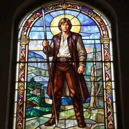 A highly detailed very beautiful stained glass window of Luke Skywalker