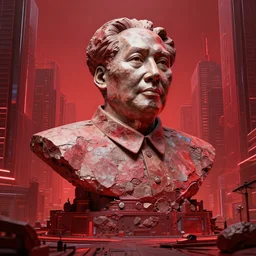 a hyper realistic digital art of mao zedong's sculpture in cyberfunkcity a made of rocks by lodovico di leonardo buonarroti di simoni, highly detailed, hyperrealism, digital art, artstation, concept art, detailed and intricate environment, ultrawide shot, red color scheme