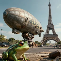 fallout 5 paris intro wide angle cinematic shot, frog perspective of an ultra detailed, super realistic gritty, hero prop, exquisitely weathered gigantic mechanical steampunk blimp with armoured hull and cockpit, crashed next to the remains of the eiffel tower, sharp focus, distorted 7 0 s visuals, ultra detailed