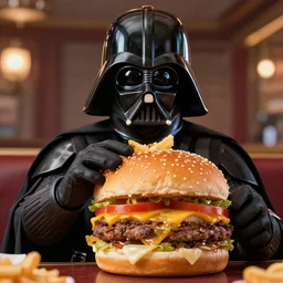 Darth Vader eating a Big Mac, photo realistic, award-winning, highly-detailed