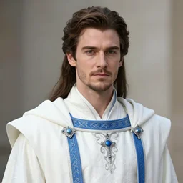 colin farrell as a dignified medieval king in white robes with blue accents. detailed face, concept art, intricate, highly detailed 8 k, smooth, sharp focus, handsome and aesthetic shape of face and body, artgerm, artstation, art by zexi guo and nira and junpei suzuki and gharliera and rinotuna