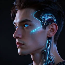 profile of a beautiful! male with bionic eye!, neon glow, ultra realistic HD 8K raytracing, octane rendered dark background