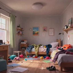 a messy bedroom interior, painting by Craig Mullins, octane rendering, soft lighting, wide angle lens, low view, in the style of Pixar animation, trending on artstation,