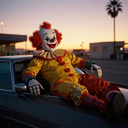 robot clown relaxing at a california drive in, in 1 9 6 2, cutecore clowncore, bathed in the the glow of the sunset, low - light photograph, in style of tyler mitchell