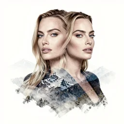 beautiful durrealist double exposure tattoo sketch of margot robbie and beautiful mountains mash up, in the style of matyas csiga halasz, amazing detail, sharp