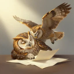 An owl falling asleep on his papers he was studying., digital painting, artstation, concept art, soft light, hdri, smooth, sharp focus, illustration, art by tian zi, craig mullins, Mark Arian, WLOP, alphonse mucha