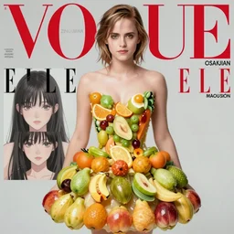 vogue magazine, elle magazine, anime korean emma watson wearing dress made of fruit peach pattern, ilya kuvshinov, greg rutkowski, john singer sargent, anime, trending on artstation, intricate