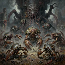 fine art oil painting muck jeweled, varied filthy rugated armored mechanical crustaceans clawing & terrified as massive brutalist structure, claustrophobic cilia sporing pox, evil fog, final battle, clustered horror, by virgil finlay, vincente b ballestar, by francesco blanc, geof darrow, bisley, b wolverton & by