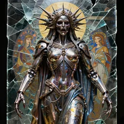 scary robot deity, god, religious art, by akihiko yoshida and alphonse and mucha wlop metallic colors, broken glass, sharp focus, photography, unreal engine, trending on artstation, photorealistic, octane, hyper detailed, trending on deviantart