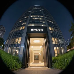 door entrance to a skyscraper over a grass field, night, trending on artstation, pixiv, hyperdetailed Unreal Engine, artwork by Sergey Kolesov, detailed, dynamic, cinematic composition, illustration, digital art, concept art, fish eye lens