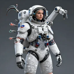 a cybernetic symbiosis cybernetic mech astronaut sniper woman in a nasa eva suit with small nixie tube barnacles, nasa eva suit, by beeple, white fractals, small nixie tubes, nasa canadarm, maxillipeds, chelicerae, chelate appendages