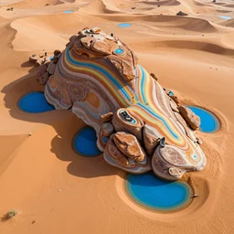 rainbow boulders outdoor sculpture, orange sand desert with pools of bright blue water, birds eye view