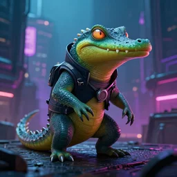 Cyberpunk Alien chipmunk alligator hybrid in a dystopian city looking for trouble