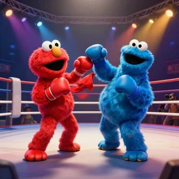 elmo kicking cookie monster, muay thai boxing match, high kick, colorful, contrast, 3 d scene, greg rutkowski, zabrocki, karlkka, jayison devadas, trending on artstation, 8 k, ultra wide angle, zenith view, pincushion lens effect