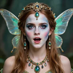 portrait of a fairy, symmetric, facepaint facepaint facepaint, intricate jewelry, trending on artstation 4 k, in the style of karol bak and tom bagshaw, bust with face of emma watson, open mouth surprised expression