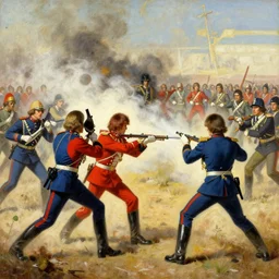 An epic Civil War painting features battalions of Soldiers in colorful Sgt. Pepper uniforms fighting