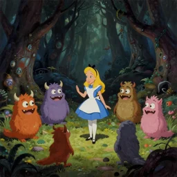 a scene of colorful cartoon monsters in the clearing of a dark fantasy forest surrounded by darkness. hyperrealist illustration. muted colors. 1 9 7 0's pulp science fiction and fantasy cartoon for alice in wonderland and wizard of oz. richly colored painting by don ivan punchatz.
