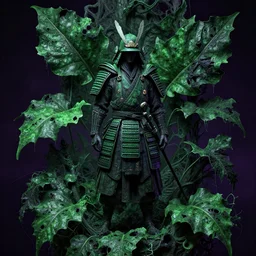 a samurai standing in a highly detailed over dimensional green leaves that are not from this world decaying with black vaines, dark fantasy, photorealism, unreal engine, purple hue, sci-fi, by H.R. Giger