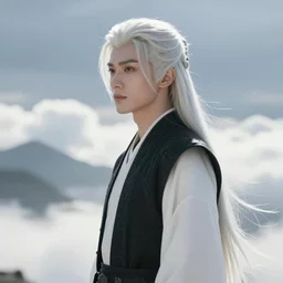 a portrait of a young handsome prince with white fringy hair, white tunic, black vest, smooth, epic clouds, beautiful landscape, backlit, incredible lighting, strong rim light, highly detailed, god rays, digital painting, HDRI, by Heise Jinyao, Heise-Lian Yan Fang, Feimo, Richard Taddei, vivid colors, high contrast, 8k resolution, intricate, photorealistic