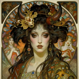 realistic detailed face portrait of an elaborately dressed eerie otherworldly horror nightmare demon geisha by alphonse mucha, ayami kojima, amano, charlie bowater, karol bak, greg hildebrandt, jean delville, and mark brooks, art nouveau, neogothic, gothic, rich deep moody colors, surreal majestic dreamscape, character concept design