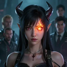 a fancy portrait of a young Demon girl with her left eye in a coloured flame's by Greg Rutkowski, Sung Choi, Mitchell Mohrhauser, Maciej Kuciara, Johnson Ting, Maxim Verehin, Peter Konig, final fantasy , 8k photorealistic, cinematic lighting, HD, high details, atmospheric , trending on artstation